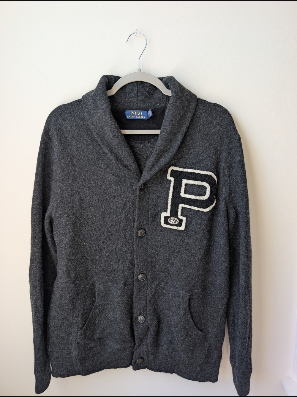 Polo Ralph Lauren Womens L Gray Shawl Collar Cardigan Sweater Letterman Varsity